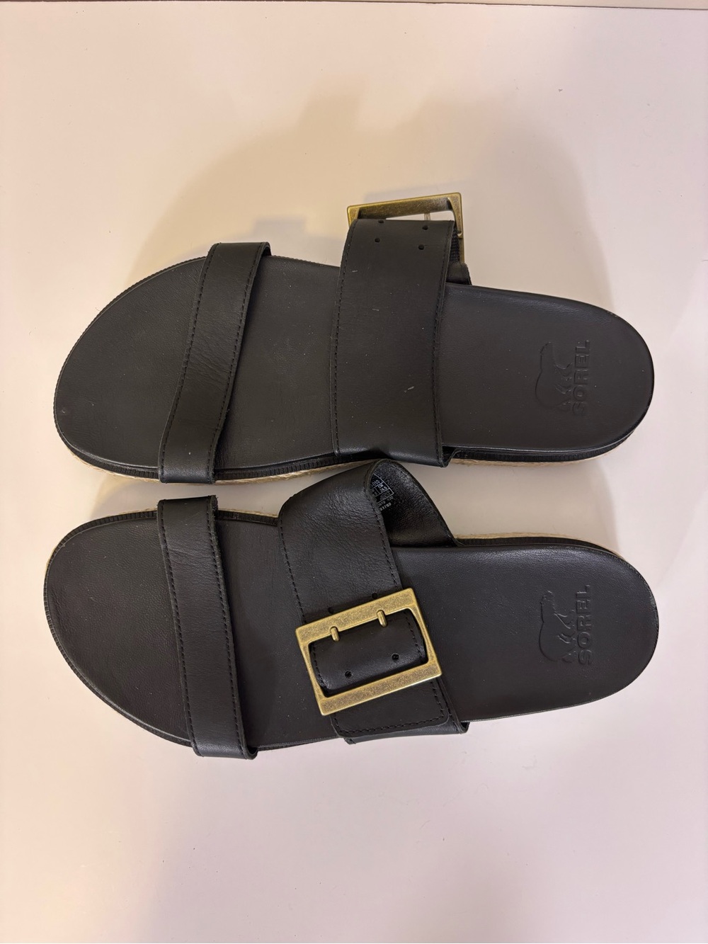 Sorel Women’s Black Leather Espadrille Slide Sandals with Gold Buckle 7.5